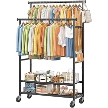 Ekisemio Double Rods Clothes Rack for Hanging Clothes, Rolling Clothing Rack with Wheels, 2-Tier Hanging Rack with Mesh Shelves, Holds 300 LBS for Bedroom, Laundry, Living Room, Black