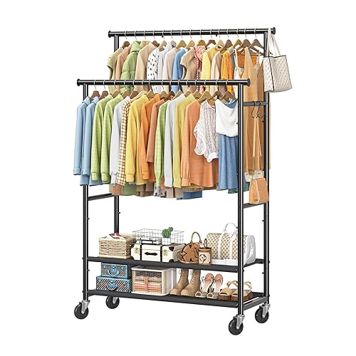 Ekisemio Double Rods Clothes Rack for Hanging Clothes, Rolling Clothing