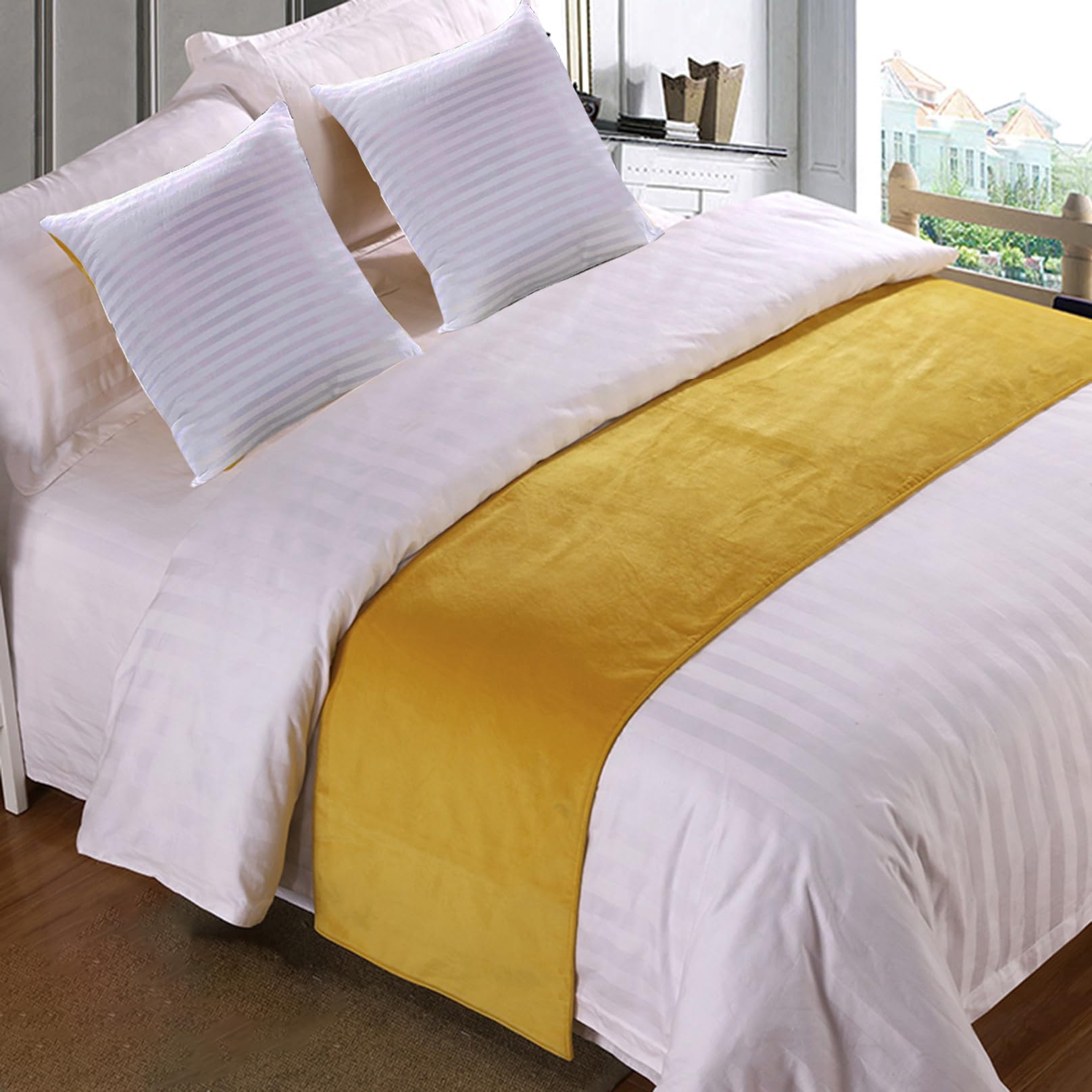 LEEMQCYA Velvet Bed Runners Bedspread Cover Solid Soft No Fading Bed Scarf Protection for Bedroom Wedding Room Home Hotel Bedding Decorations,Yellow-45x240cm for 1.8m bed