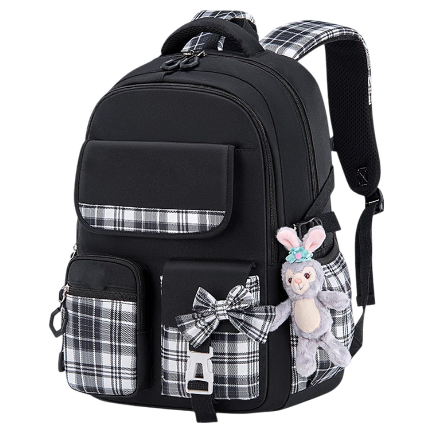 tlismi Stylish Plaid Design Kawaii Solid Color Girls Backpack with Plush Bunny Keychain & Stickers, Lightweight Water-Resistant School Bag Large Capacity Bookbag for Middle & High School Students-picture-38