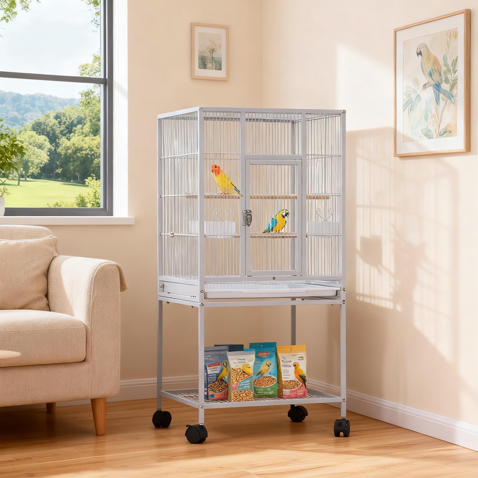 Großer Vogelkäfig 48.5 x 46 x103cm, Vogelvoliere mit 360° Rollen, Sitzstangen, Futternapf und Schmutzwanneneinsatz, Leicht zu Reinigendem Hoher Papageienkäfig Zuchtkäfig