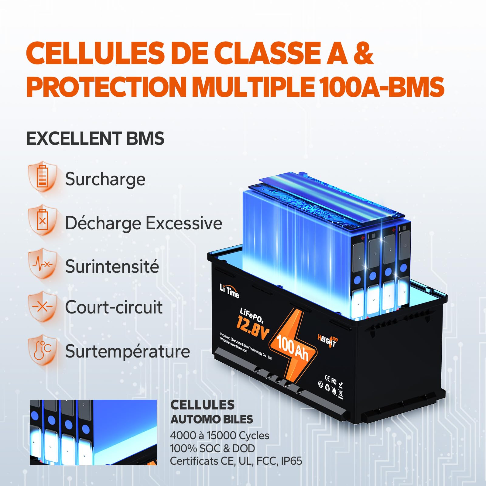 LiTime Batterie Lithium LiFePO4 12V 100Ah H190 avec Bluetooth pour Sièges de Camping-Car Européens: DIN H8 L5, 4000-15000 Cycles Profonds, Énergie 1280Wh, Parfait pour Caravane RVs, Fourgons