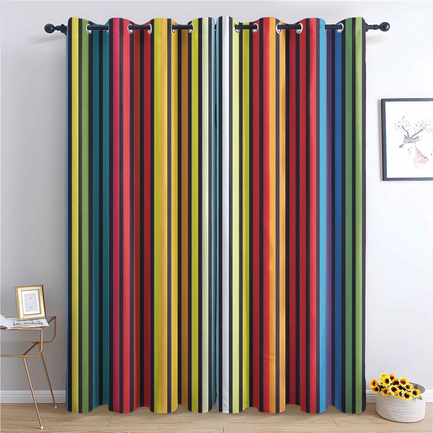 Colorful Striped Blackout Curtains for Living Room, Rainbow Vertical Striped Curtains for Bedroom, Thermal Insulated Noise Reduction Eyelet Window Treatments 90 Drop, 2 Panels Drapes (W90 x L90)
