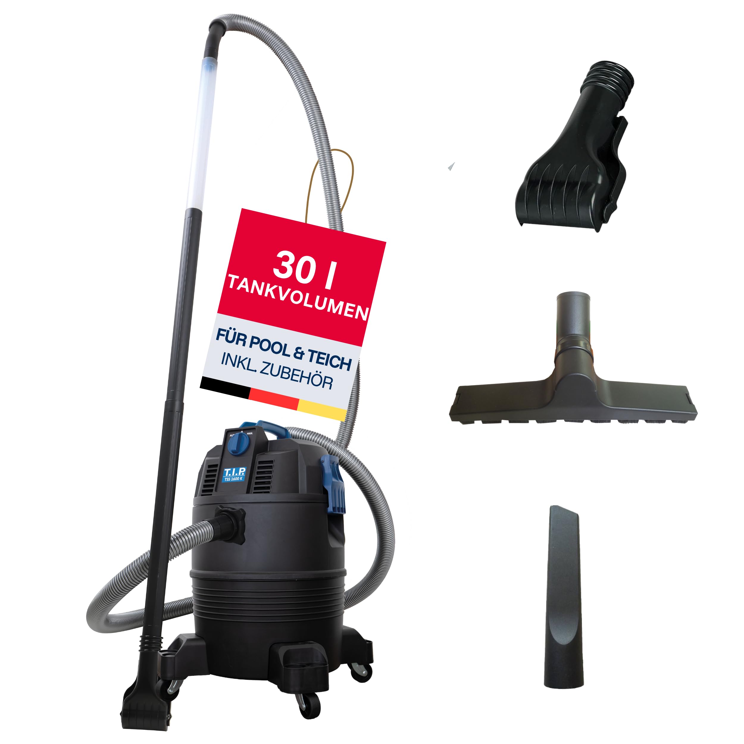 T.I.P. Teichschlammsauger - Poolsauger (Tankvolumen 30 l, Saugrohr 2m – vierteilig – 2X transparent, Flachdüse für Teichschlamm, Grobfilter und Schmutzauffangsack, Rückschlagkappe) TSS 1600 K, 30519