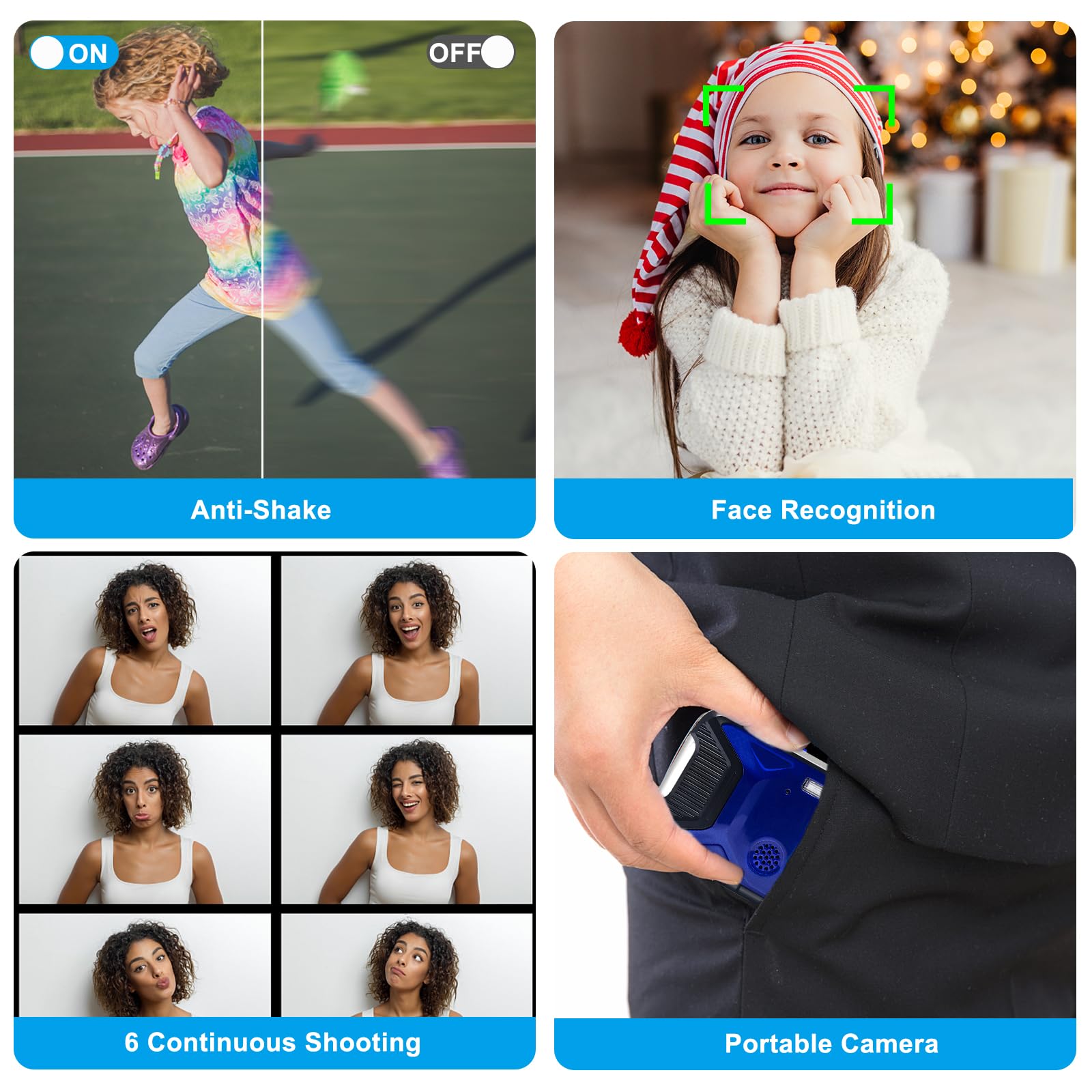 Appareil photo numérique étanche 21 MP 1080p avec flash LCD de 7,1 cm, rechargeable HD pour garçons et filles avec tuba, voyage/cadeau (bleu)