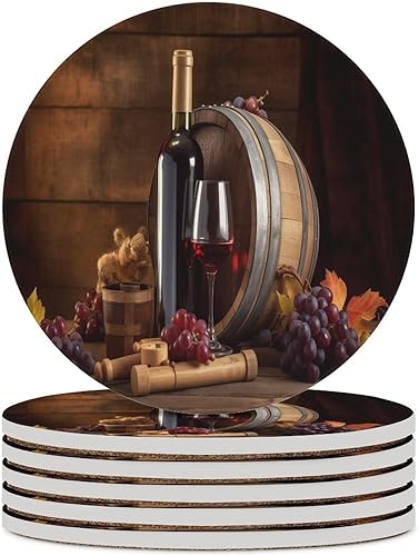 Miniatura 43 de Round-4 posavasos de cerámica para vino tinto, posavasos redondos absorbentes para bebidas, estilo vintage de madera, vino tinto, uvas, frutas y