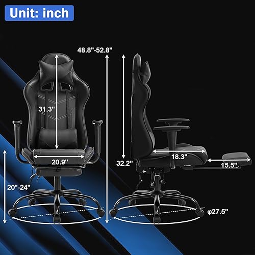 Miniatura 35 de PC Gaming Chair Ergonomic Racing Office Chair Video Game Chair, Massage Function Lumbar Support with Arms Footrest & Headrest Nice Chic Desk Chair,