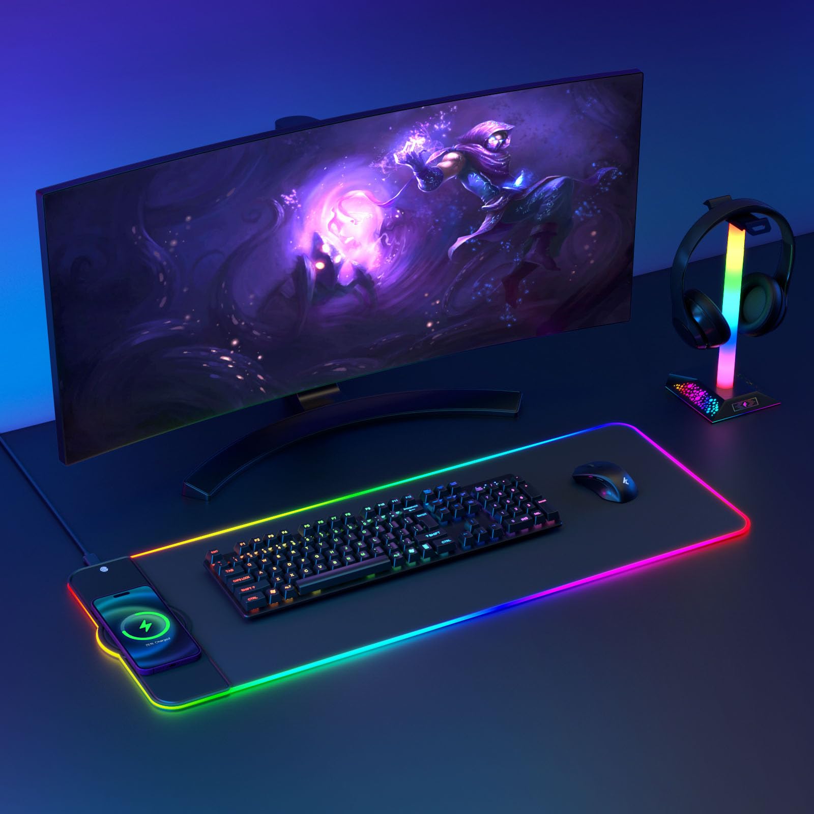 Hcman Tappetino per mouse da gioco RGB con ricarica – Tappetino per mouse wireless da 15 W LED extra large 80 x 30 cm, 10 modalità di illuminazione, accessori per sala da gioco, tappetino per tastiera