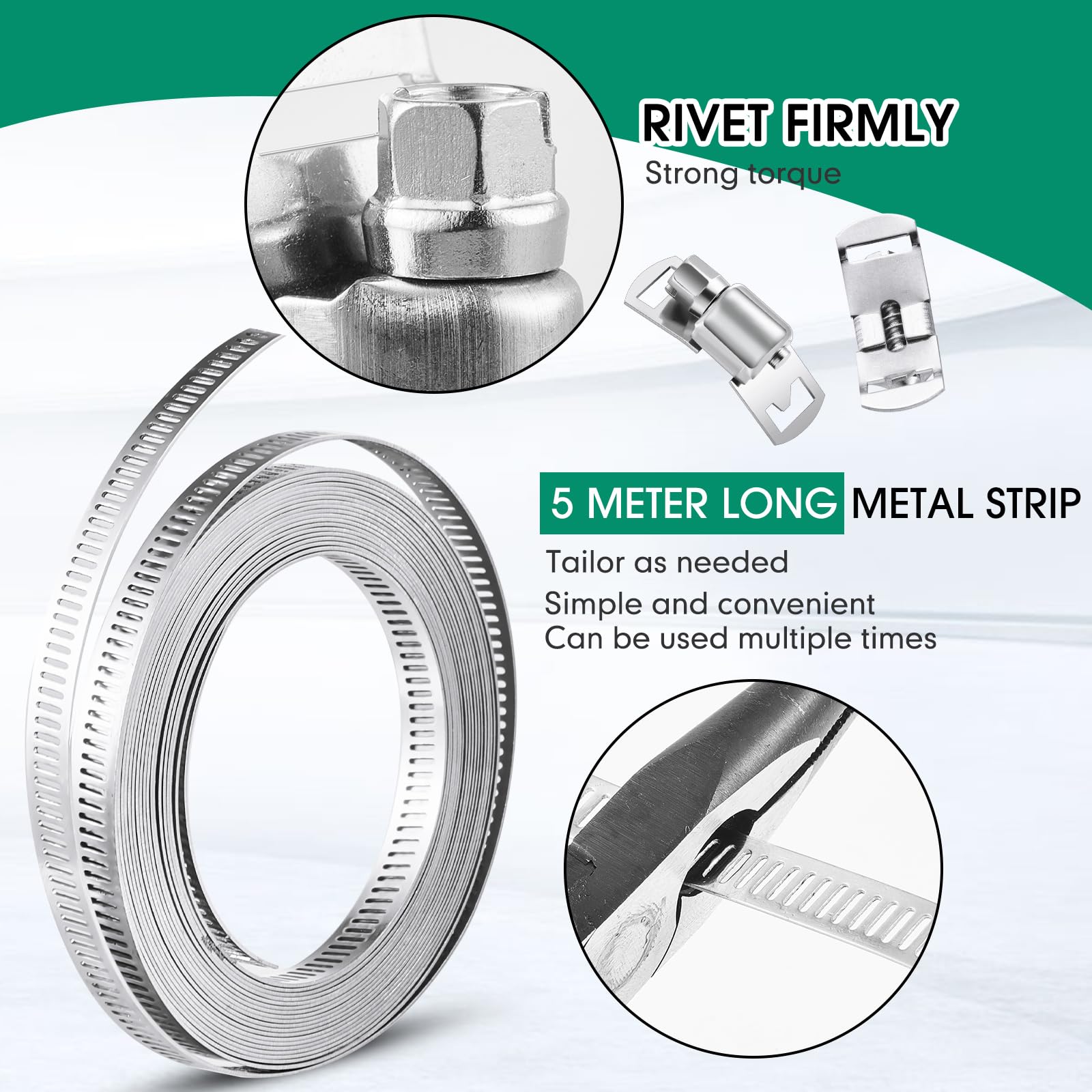 Blulu Kit assortito di fascette stringitubo in acciaio inox, 50 pezzi, include 2 cinghie in metallo da 5 m, 48 chiusure grandi morsetti regolabili a vite senza fine, reggiatura in metallo di 2
