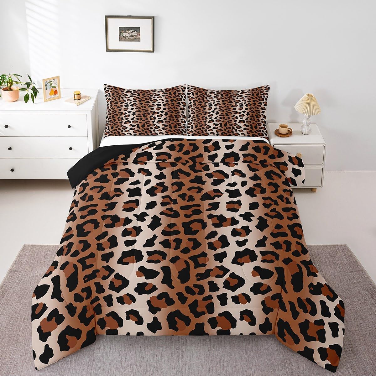 Feelyou Kids Brown Leopard Comforter Set Full Size Modern Ombre Effects Duvet Quilt for Boys Girls Teens Cheetah Bedding Set Breathable Soft Lightweight Microfiber Women Men with 2 Pillow Case