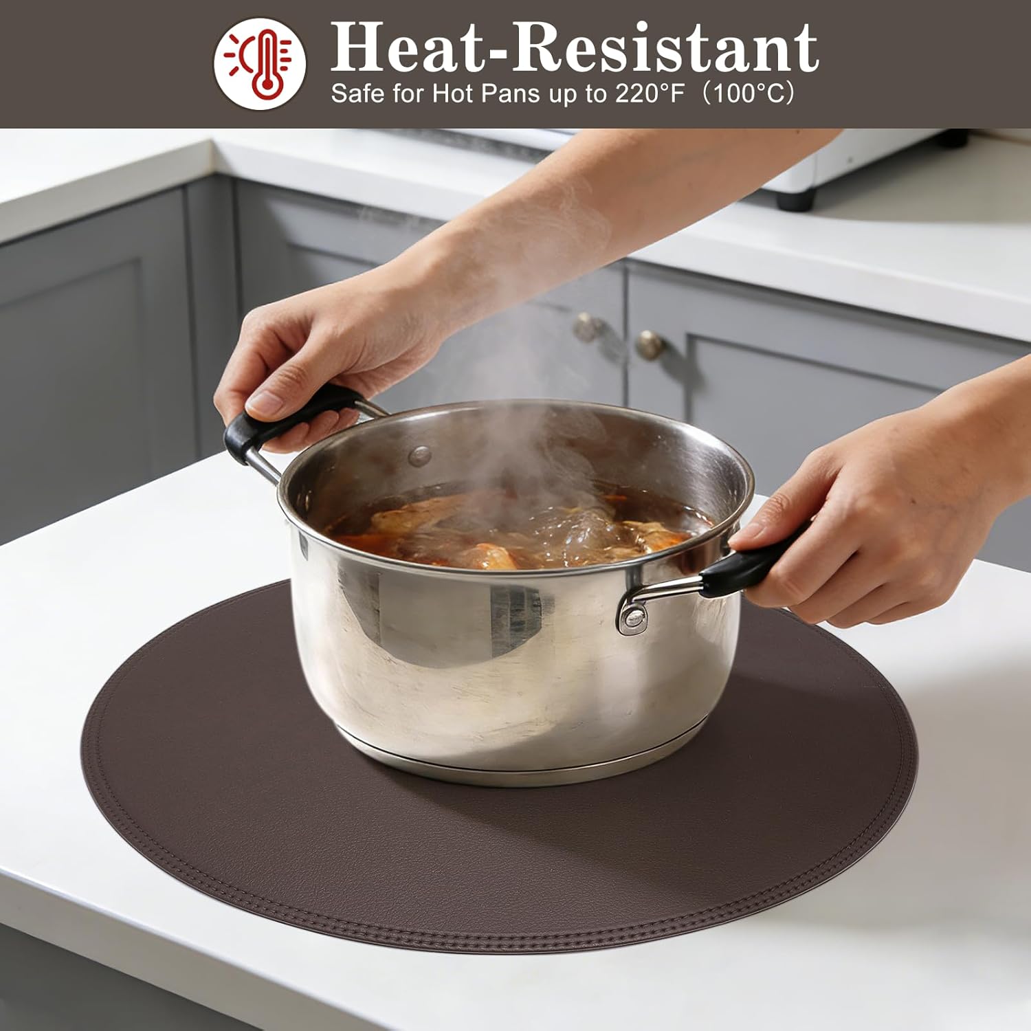 15" Faux Leather Round Placemats Set of 6, Vinyl Heat Resistant Place Mats, Waterproof Wipeable Washable Table Mats for Dining Table Kitchen Decor