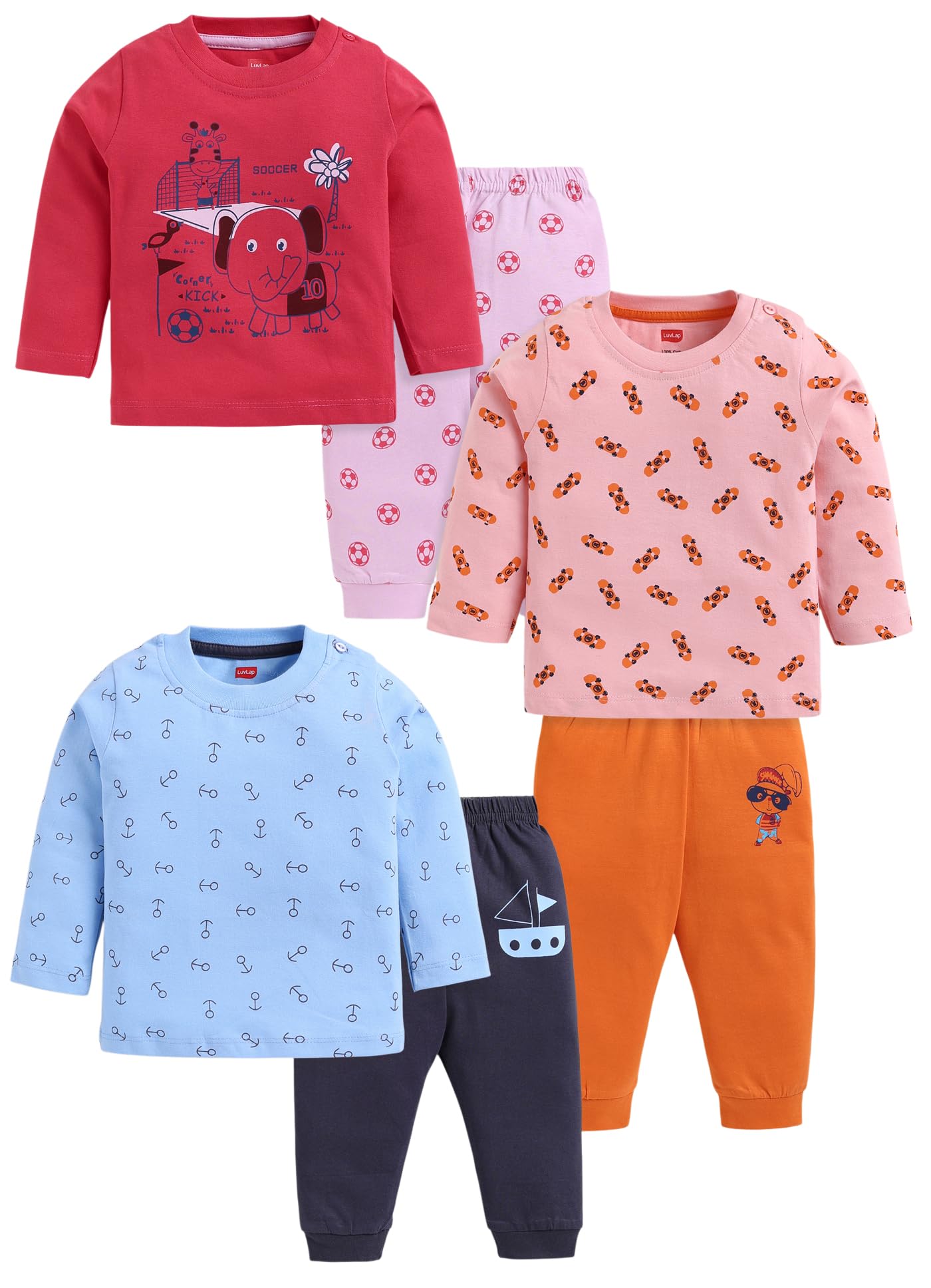 LuvLap Baby Boys 100% Cotton Full Sleeve Boys T-Shirt & Pyjama Sets, Pack Of 3