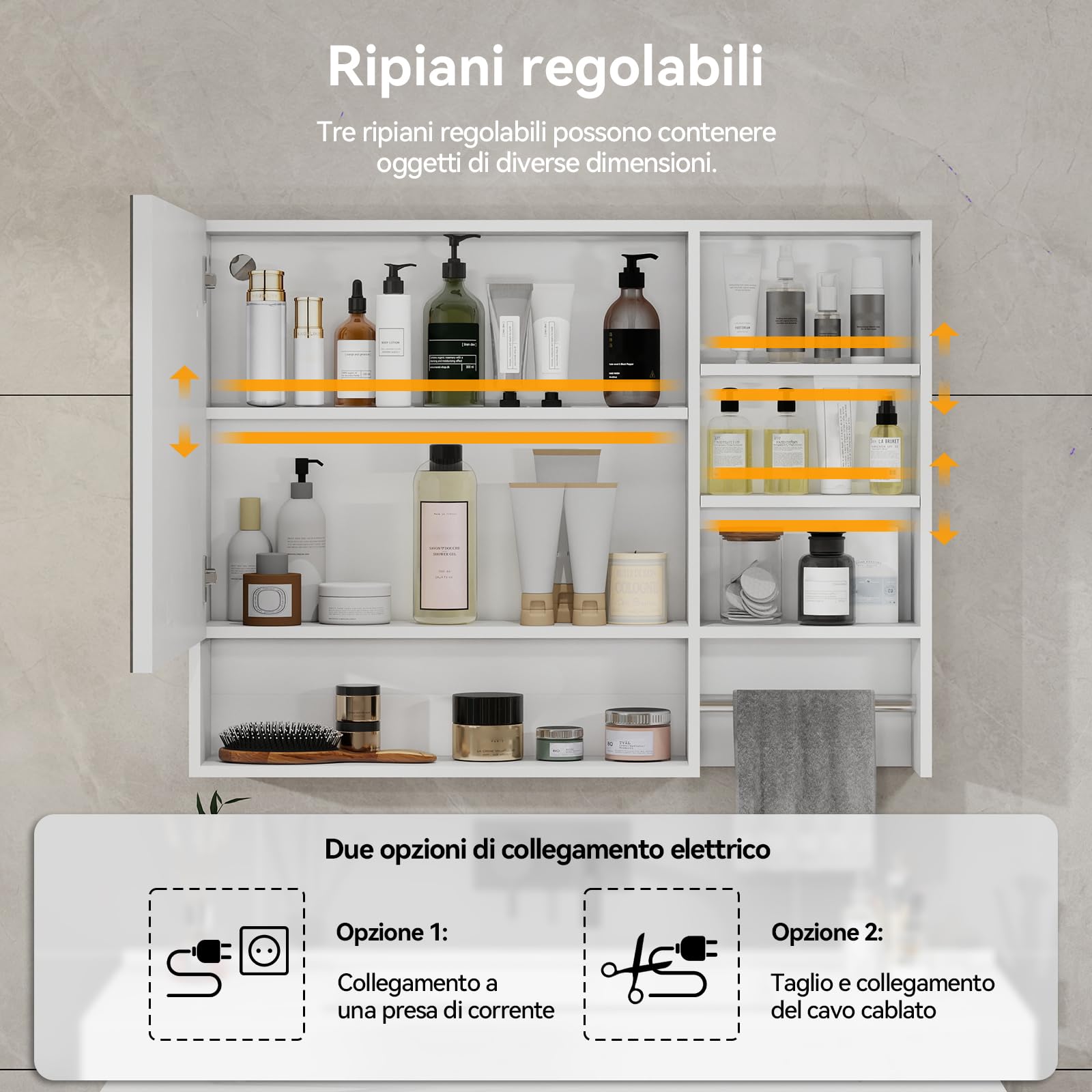 YU YUSING Specchio Contenitore Bagno con Luce, Mobile Bagno Sospeso con LED 80x14x60 cm, Armadietto con Portasciugamani, 3 Modalità di Luce, 3 Ripiani Regolabili, Bianco