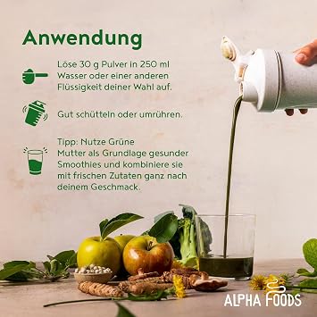 Green Mother 2.0 - The Original - Greens Shake - Acacia Fiber Powder Wheatgrass Nettle Milk Thistle Alfalfa Chlorella and More - Smoothie Shake - 600g Powder Alpha Foods