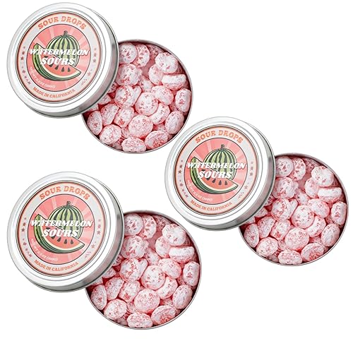 Vista 9 de Sour Drops - Lotes pequeños de frutas agrias - Mandarina, sandía, frambuesa azul - Sin tintes artificiales, veganos y sin gluten - 3 latas de regalo