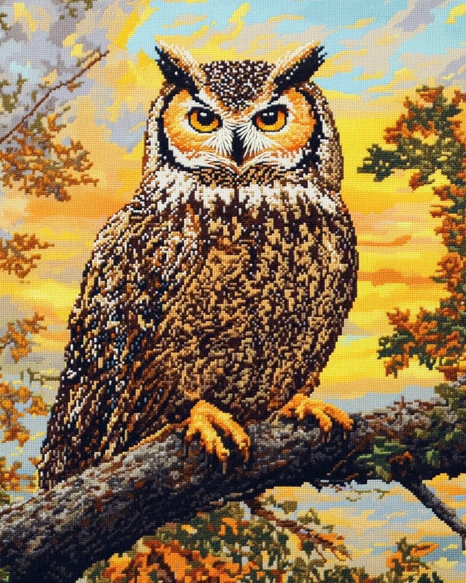 WallustrioaW Embroidery Kit for Beginners,owl,Cross Stitch Kit with Pattern and Instructions,11CT Hand Crafts Embroidery for Adults,40x50cm