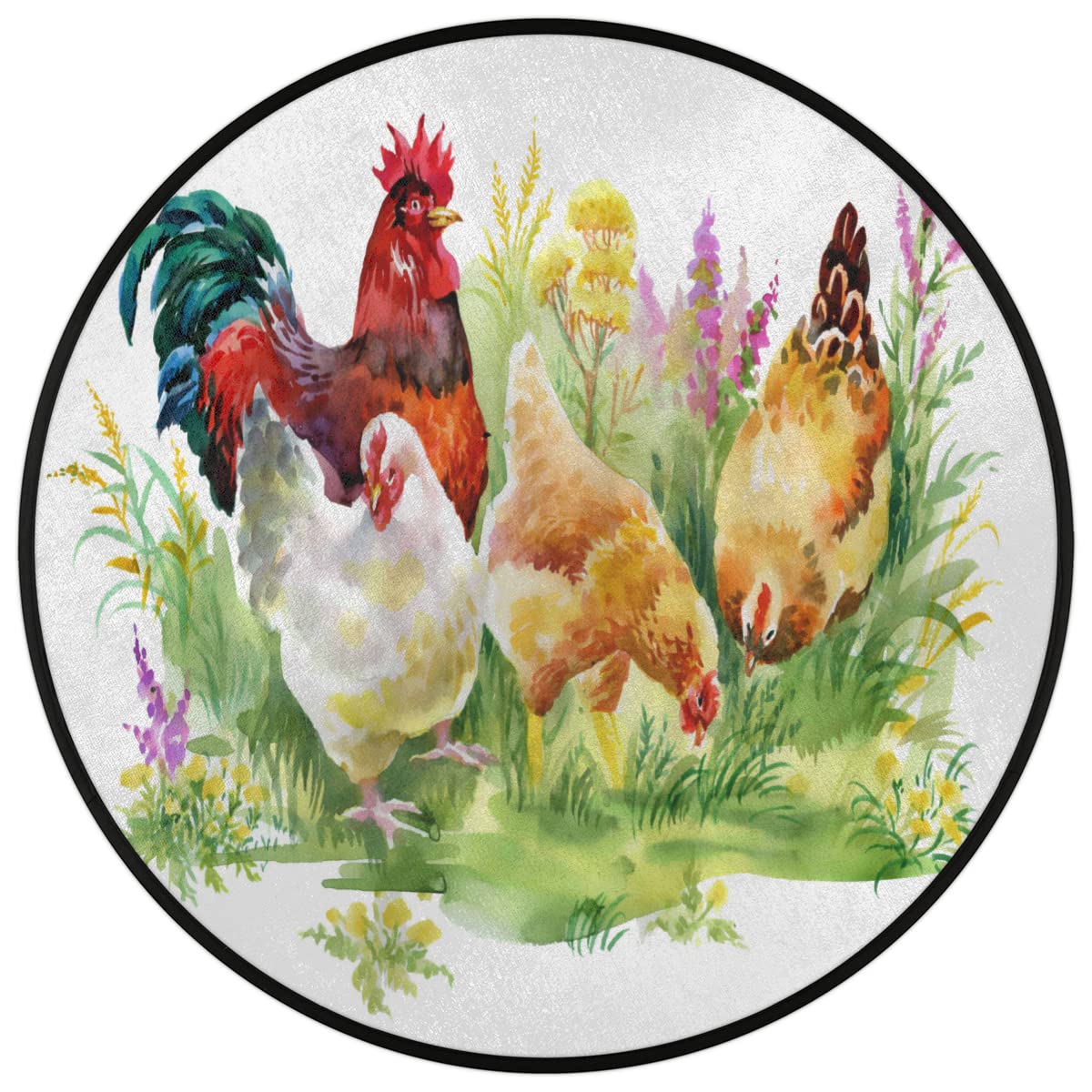 TropicalLife Okrągły dywanik z kurczakami, 160 cm, kurczaki, kogut, kogut, dywaniki, do pokoju, domu, wewnątrz, antypoślizgowa, do wewnątrz, duża mata