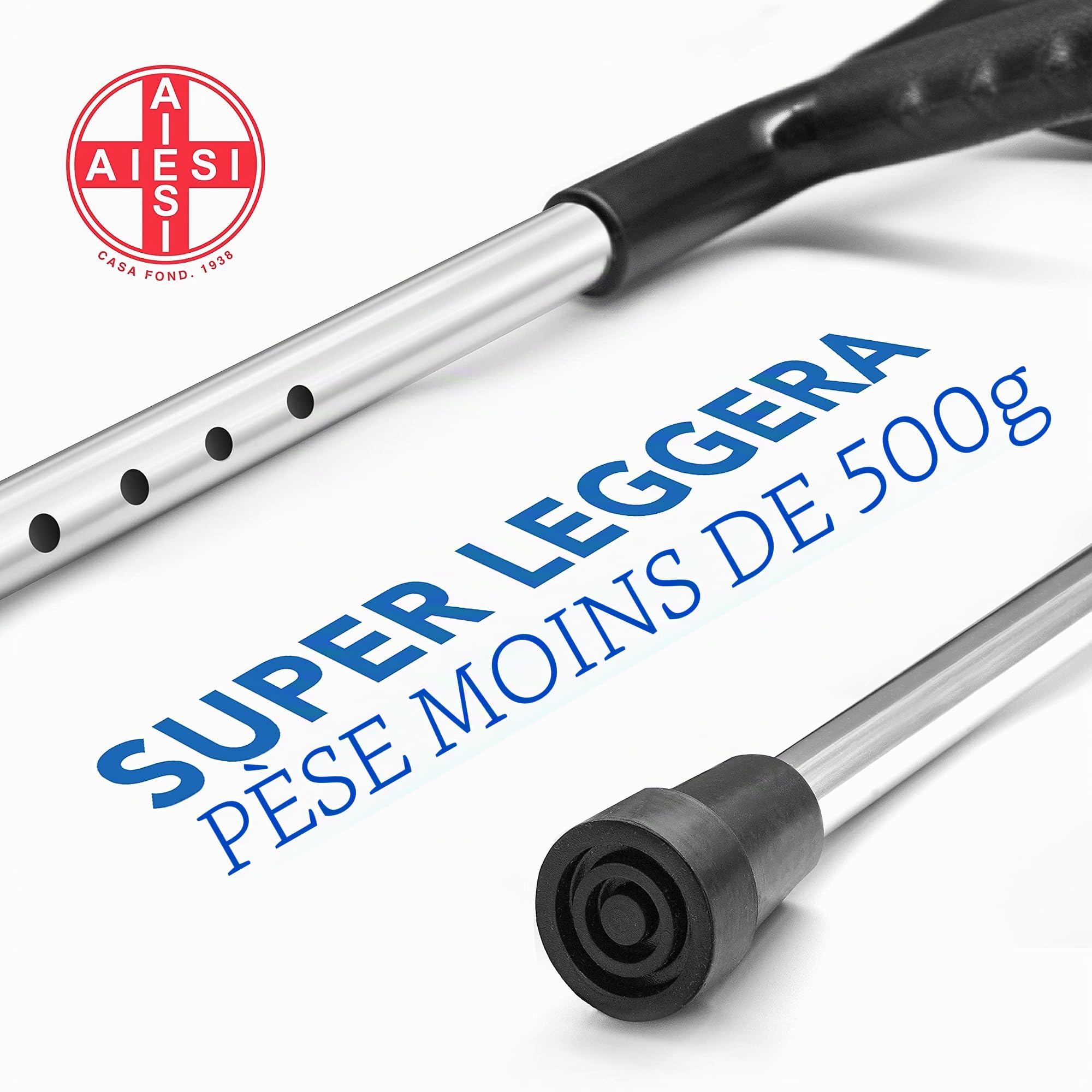AIESI® Bequilles Medicales adultes orthopédique réglable unique couleur noire légers en aluminium anodisé (Paquet de 2 pièces), Garantie 24 mois