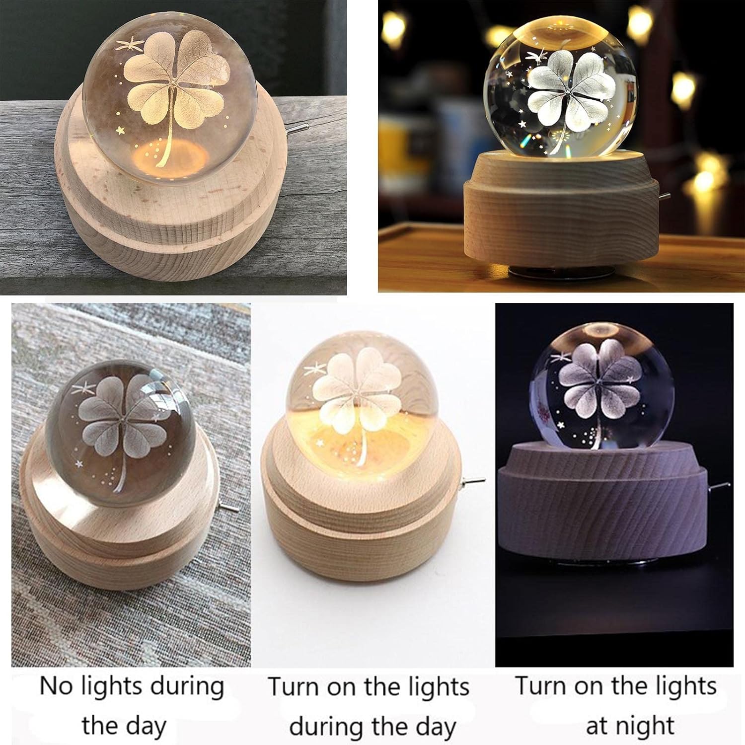 3D Crystal Ball Music Box,Luminous Rotating Musical Box with Projection LED Light and Wooden Base,Best Gift for Birthday Thanksgiving Day Valentines Day Mothers Day Christmas(Clover)