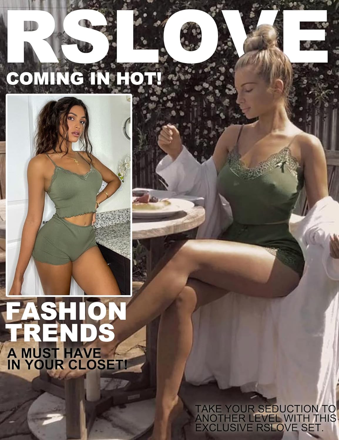 RSLOVE Pajamas Set Women's V-Neck Sleeveless Sleepwear PJ Set Soft Lace Cami Set with Short Pants Nightwear - Image 2