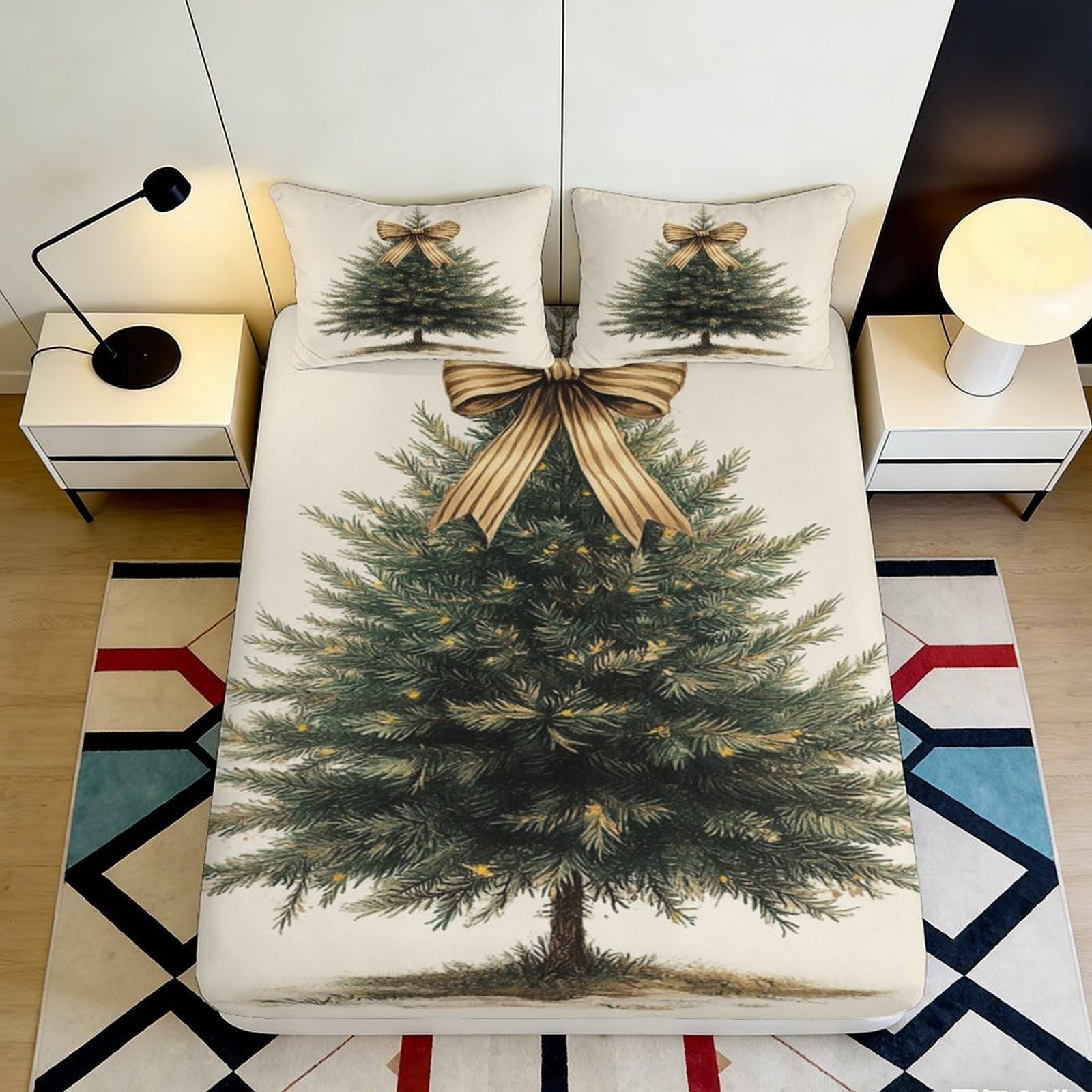 3D Printed Christmas Tree Fitted Sheet Microfiber Soft Breathable Holiday Bed Cover with Ribbon Design Mattress Cover for Bedroom Guest Room Decor 160x200x25cm