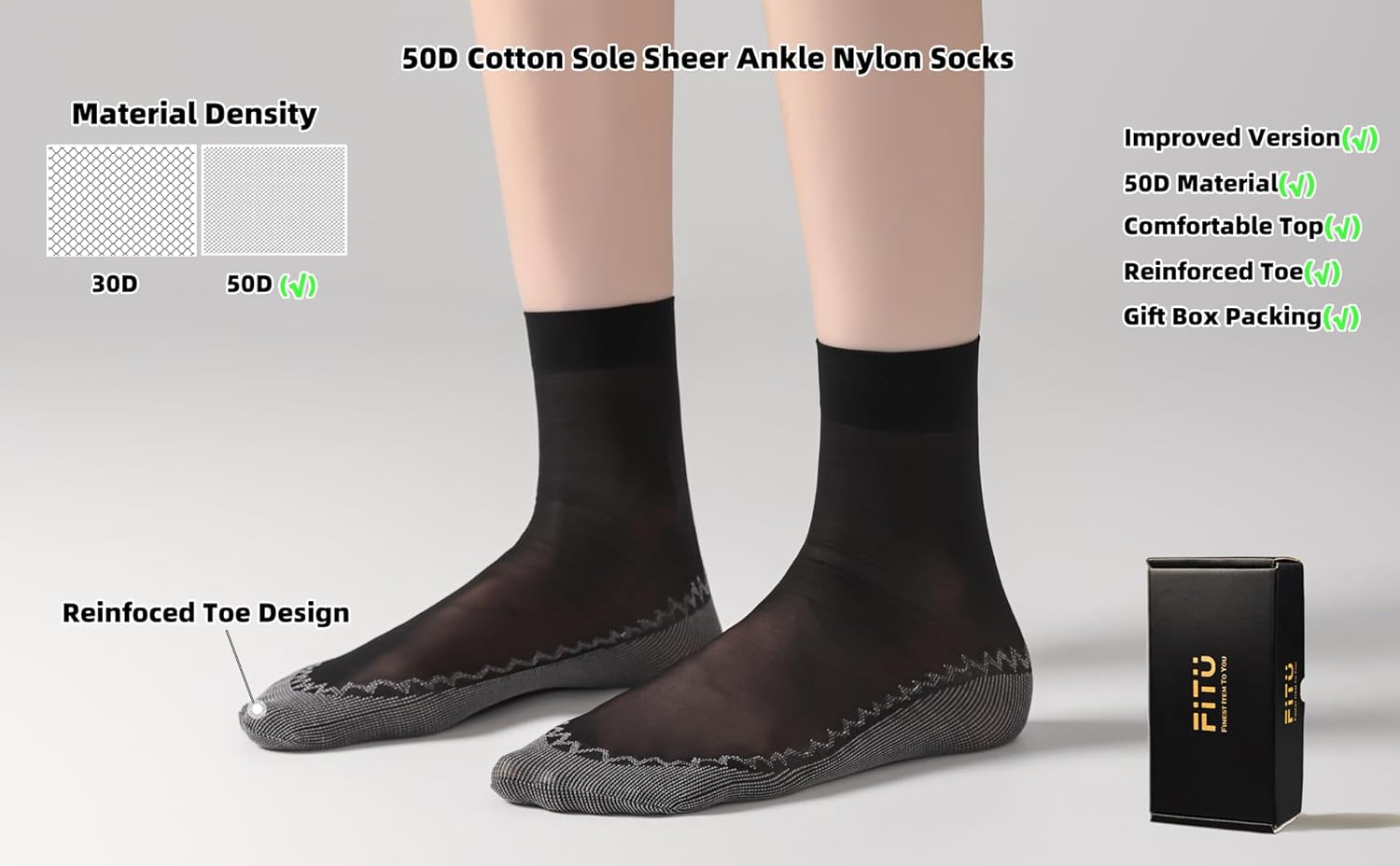 Womens 50D Sheer Ankle Nylon Socks With Cotton Bottom 12 Pairs Ankle Tights Hosiery - Image 3