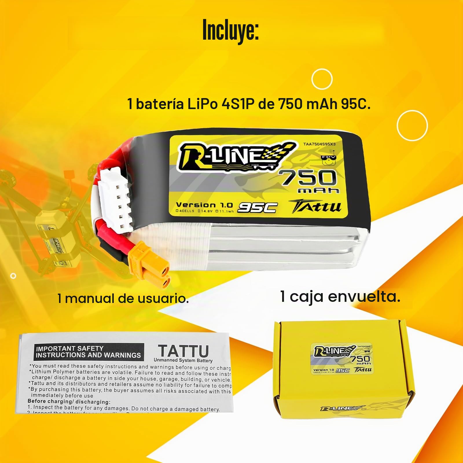 TATTU 4S 750mAh 14.8V 95C 4S1P Lipo batería con conector XT30 para cuadricóptero FPV Racing 100 180 tamaño