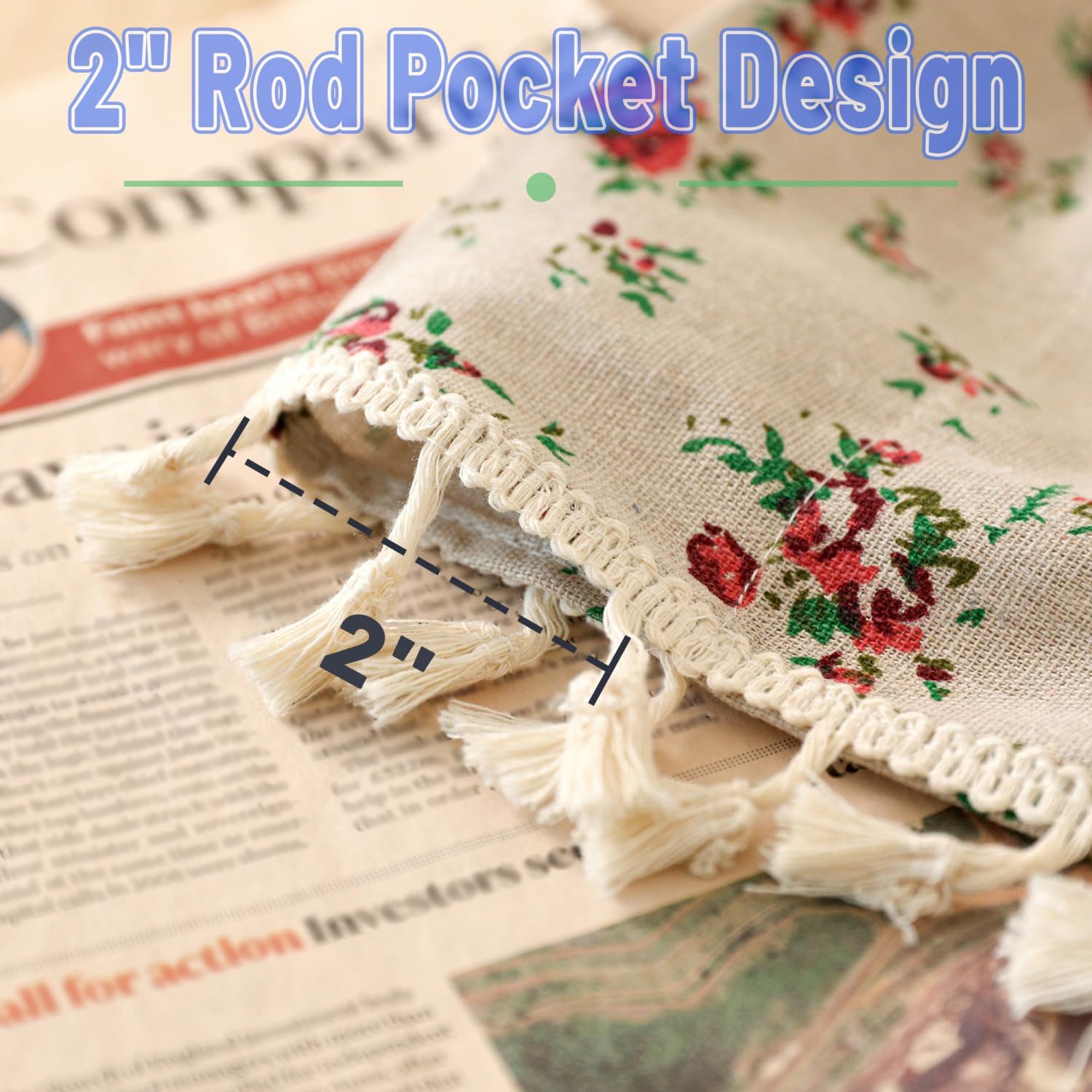 1 Pair Red Multiflora Rose Linen Curtains Rustic Country Style Light Filtering Rod Pocket Window Drapes Beige Tassels, 52" W x 84" L