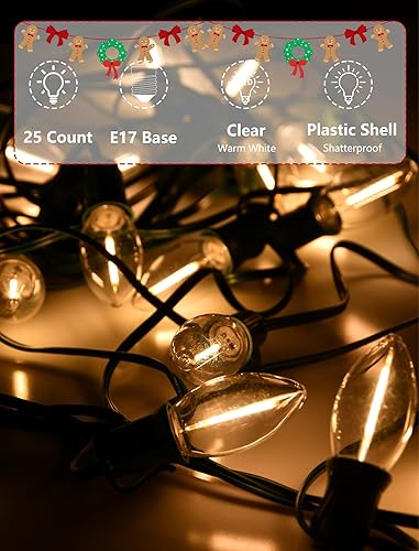 Miniatura 7 de SUNSGNE Luces LED C9 de Navidad para exteriores, luces de Navidad al aire libre con 27 bombillas LED de color blanco cálido (2 de repuesto) para
