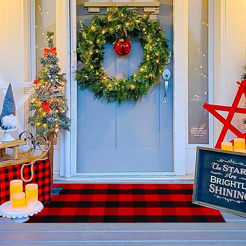 Ckorzen Alfombra de cuadros rojos y negros, 24 x 51 pulgadas, tapete decorativo de Navidad para puerta delantera, alfombra de algodón lavable tejida