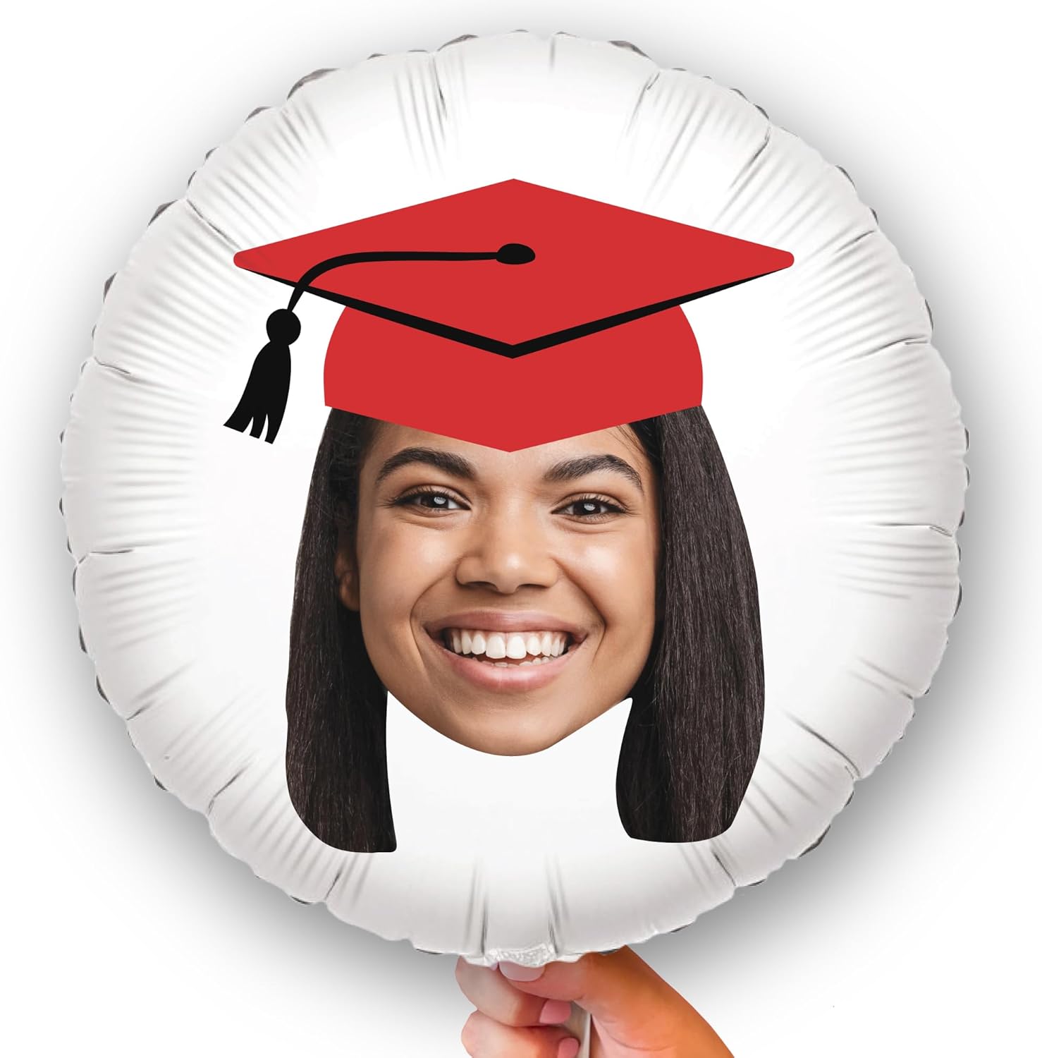 Big Dot of Happiness Personalized Red Grad Cap Fun Face Photo Balloon, Elementary High School College Custom Graduation Party Decorations, Double-Sided Round Circle Mylar, 1 Piece