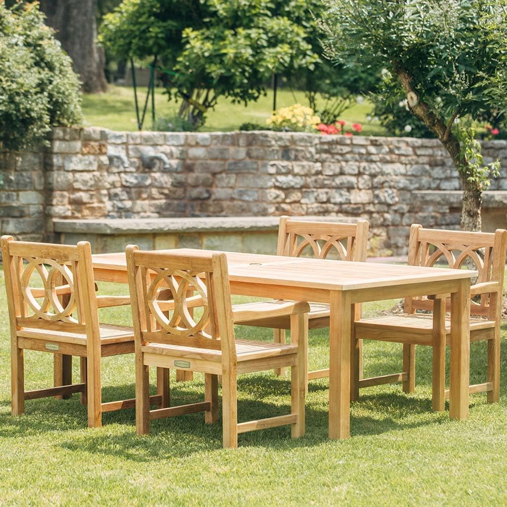 Ash & Ember Sandhill Grade A Teak Dining Table, 79" Teak Wood Table, Premium Joinery, Hand-Sanded Craftsmanship, Solid Brass Hardware, Fits Standard Patio Umbrellas