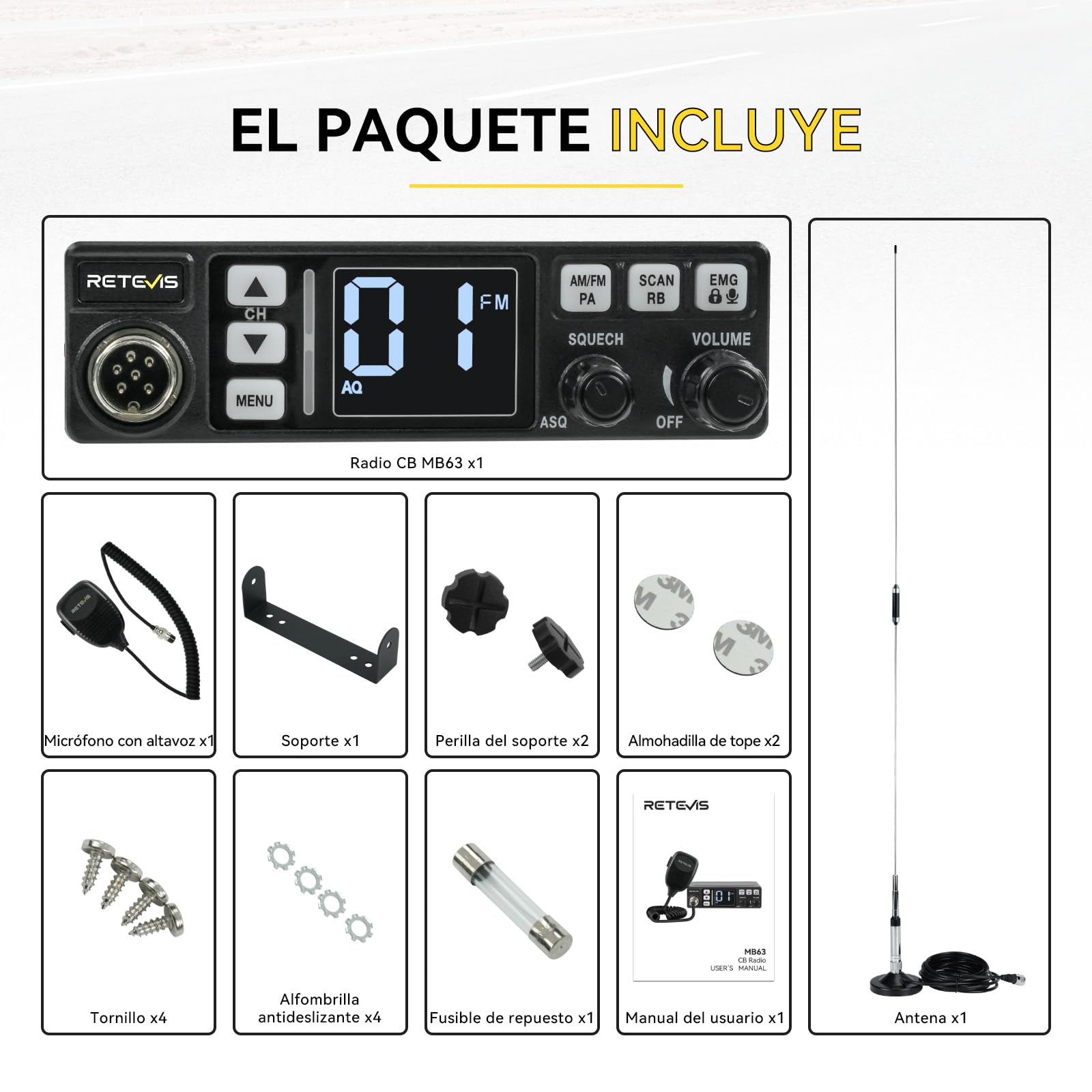 Retevis MB63 Radio CB con Antena, Kit Completo con Función PA | Pantalla LCD, Am/FM, ANL, VOX, SQ/ASQ, EMG CH9/19, Radio CB Móvil para Coche