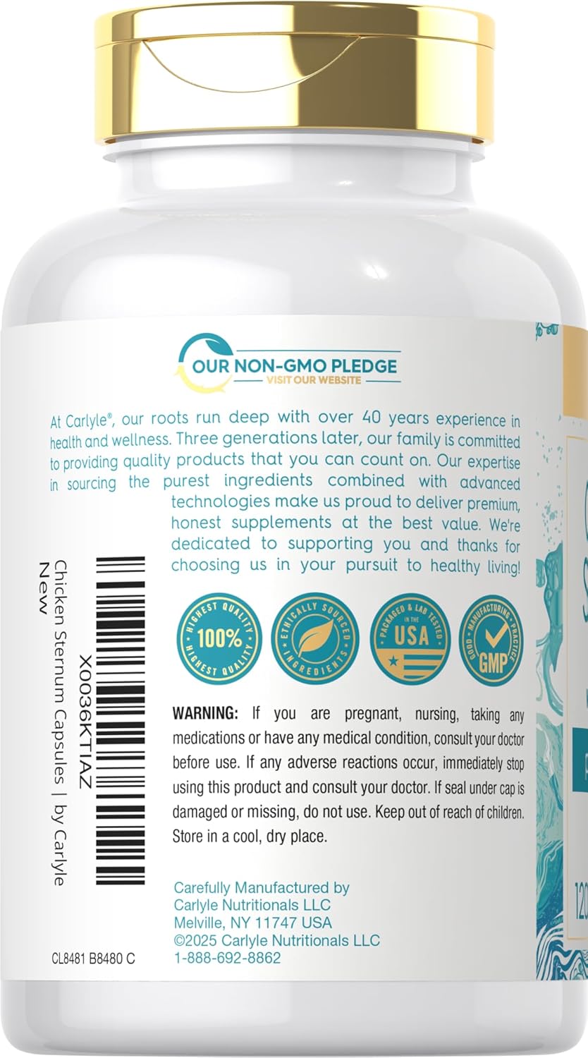 Carlyle Chicken Sternum Cartilage Collagen Capsules | Type II 3000mg | 120 Pills | Plus Hyaluronic Acid | Non-GMO, Gluten Free - Image 3