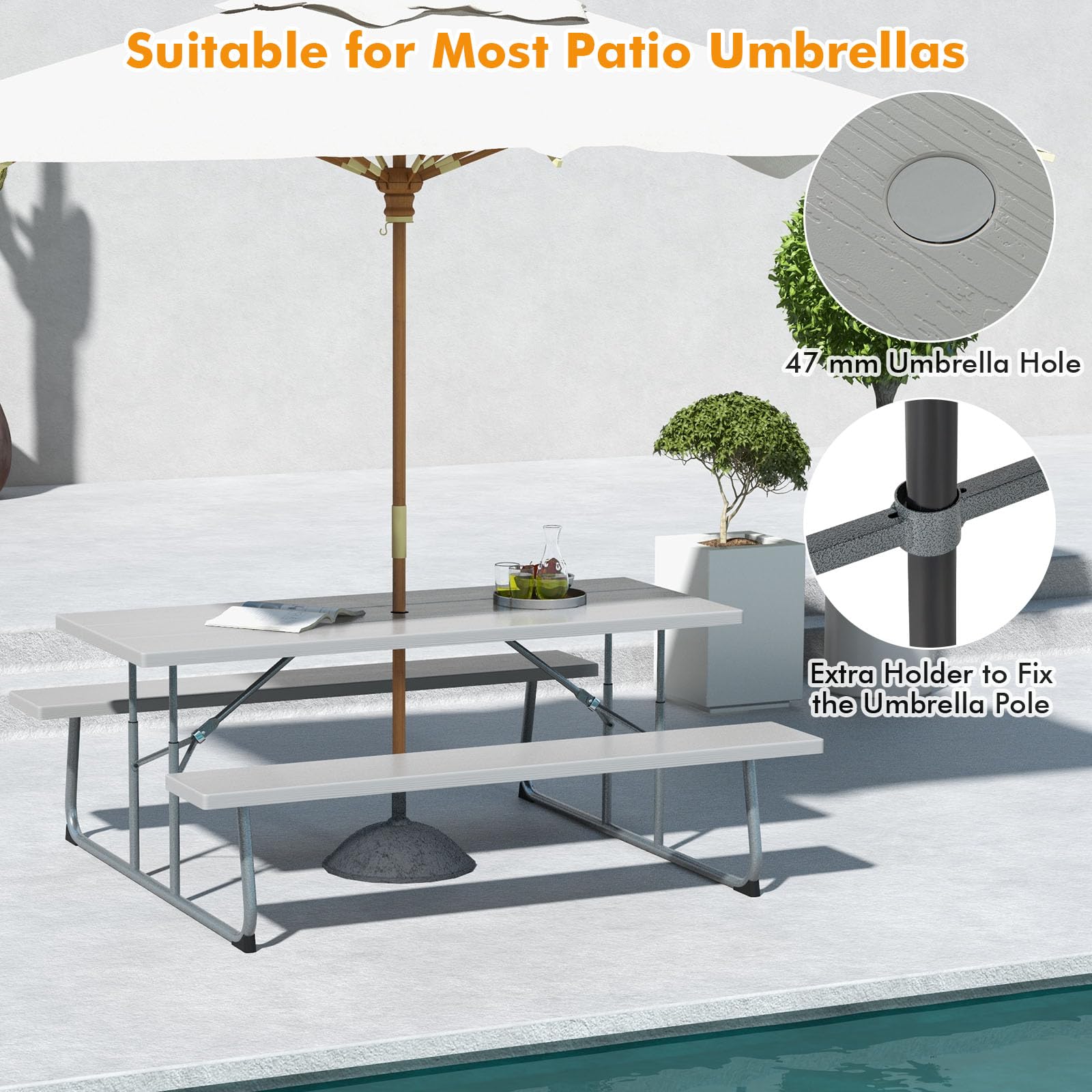 GIANTEX Set tavolo da picnic con panchine, set di mobili da giardino pieghevole per 8 persone con telaio in metallo piano in HDPE, 183 cm foro per ombrellone, grigio