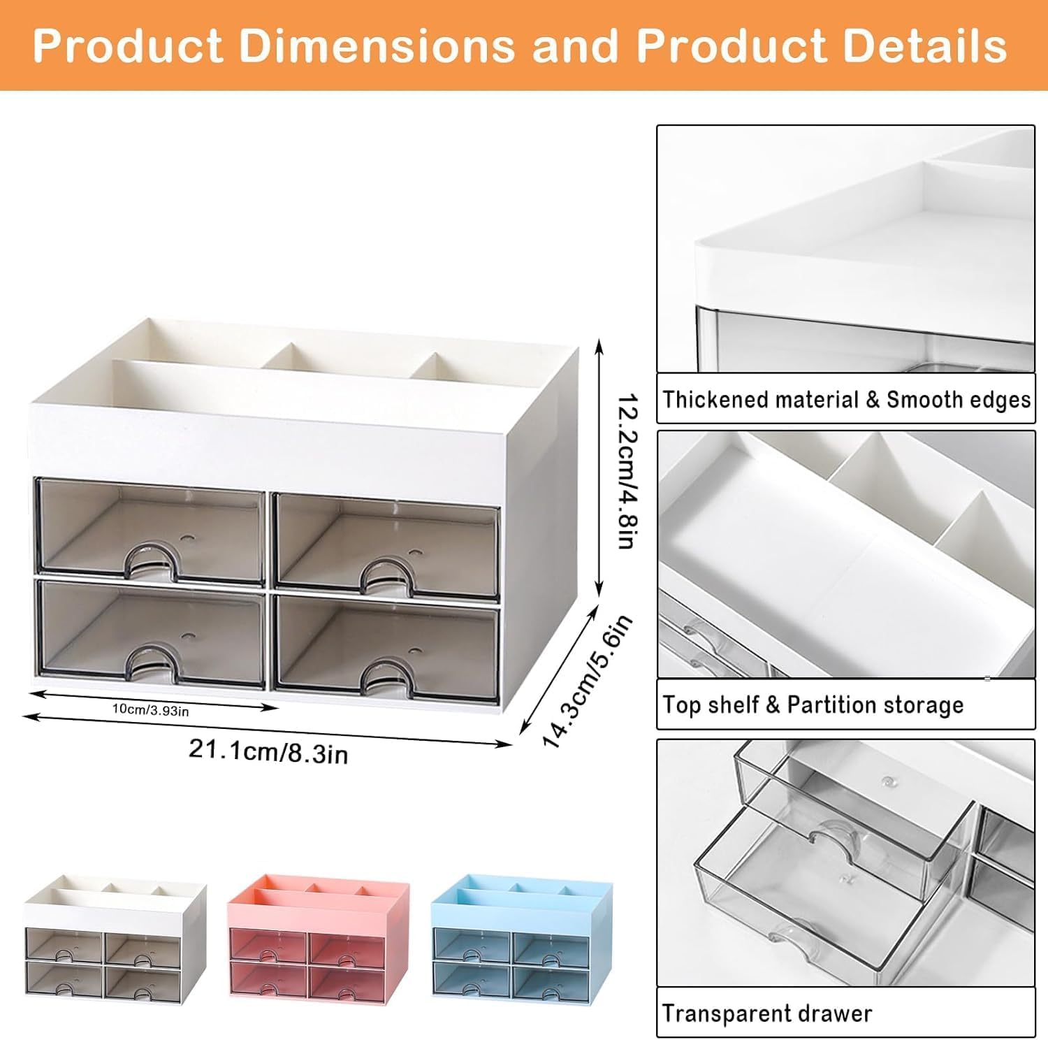 Zollyss Organizer da scrivania multifunzionale in plastica con 4 scomparti e 4 cassetti, organizer da scrivania per articoli di cancelleria, organizer per cosmetici, per penne, cucitrici, clip