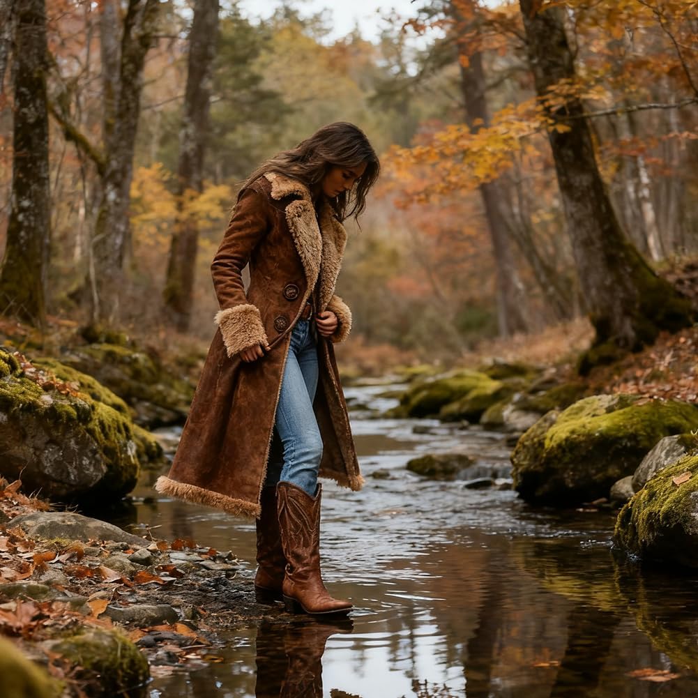 70s Vintage western coats for women - Faux Suede Sherpa Lined Midi Long Jacket brown suede coat - Image 3