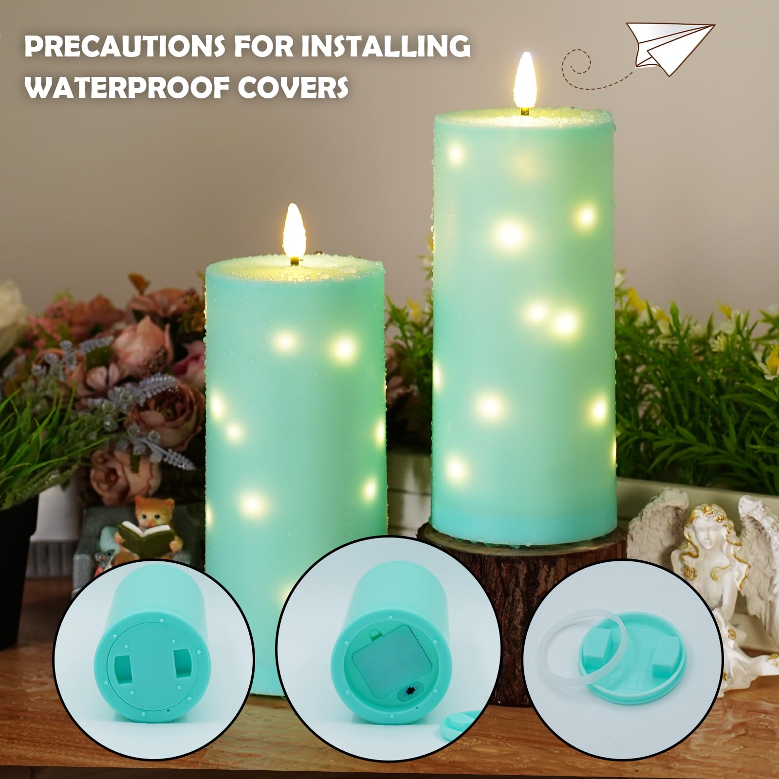 kakoya Lot de 2 grandes bougies piliers à LED étanches sans flamme vacillante avec minuteur - Fonctionne à piles avec guirlande d'étoiles intégrée pour lanternes d'extérieur, porche, terrasse - 25,4 x