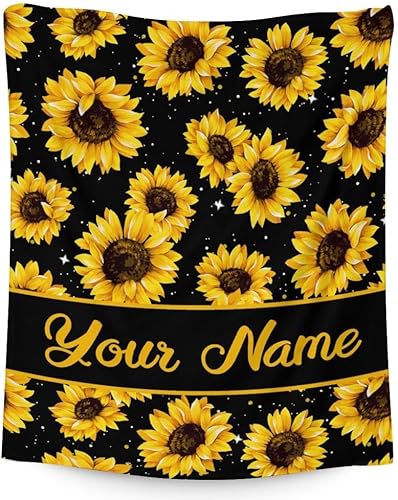 Manta de girasol personalizada con nombre, suave, mullida y cálida, 60 x 50 pulgadas, para cama, sofá, manta amarilla, bonita manta de regalo para