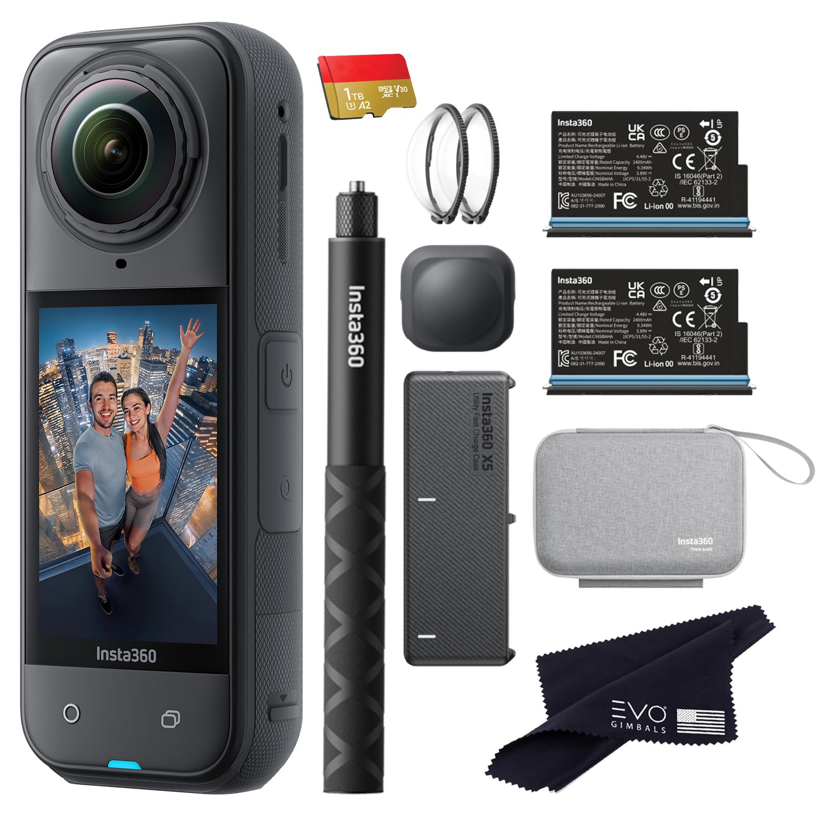 Insta360 X5 Essentials Bundle-8K Waterproof 360 Action Camera|Bundle Includes Selfie Stick, Extra Battery, Utility Fast Charge Case, Standard Lens