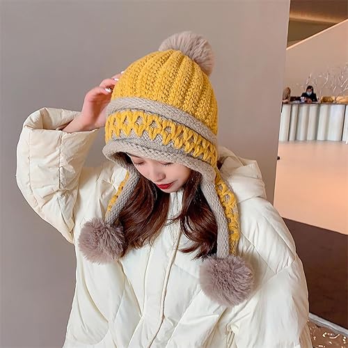 Vista 4 de HUAMULAN Gorro de invierno para mujer, con orejeras, con solapas, sherpa, esquí, nieve, forro polar, 3 pompones