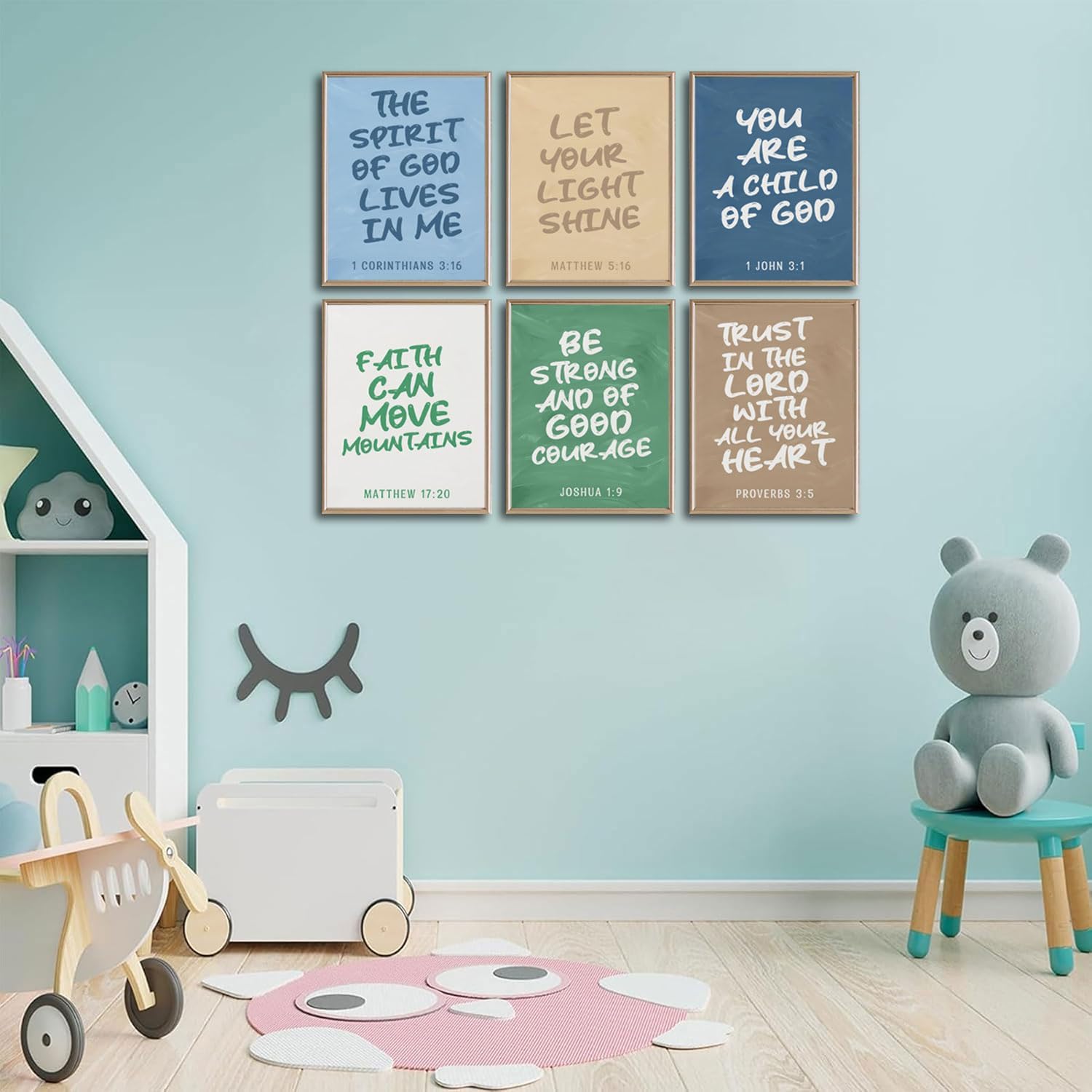 6Pcs Children's Bible Verse Wall Art Christian Inspirational Wall Decor Pictures Religious Educational Canvas Posters Prints for Nursery Kids Bedroom Classroom Wall Decor 8x10in Unframed