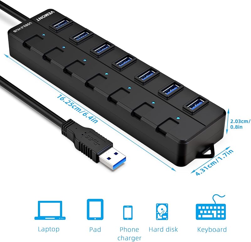 VEMONT 7 portos USB 3.0 hub tápegységgel, 5Gbps aktív elosztó Mac és PC-hez