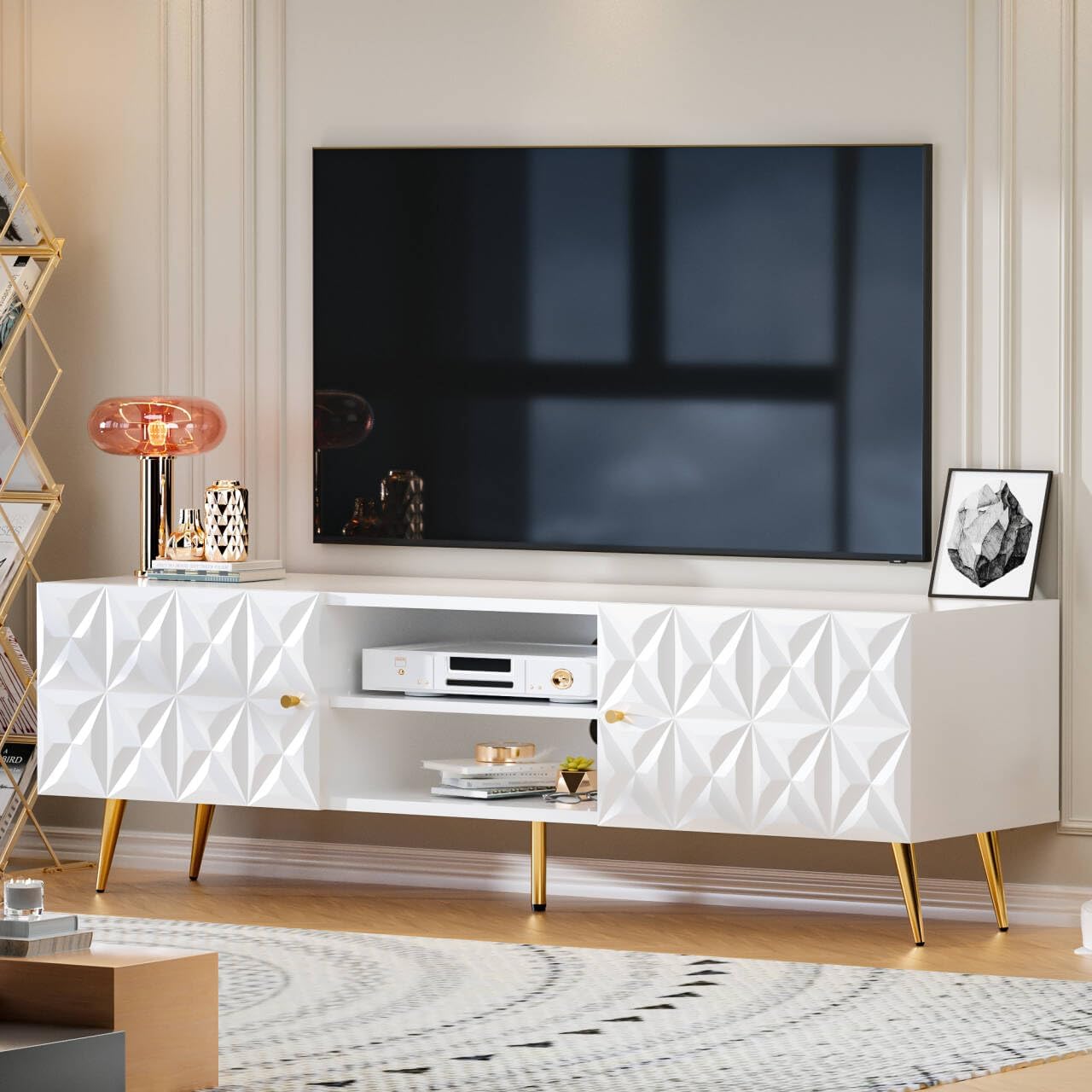 58” TV Stand for 55/60/65 Inch TV, Modern Entertainment Center with Adjustable Shelf, Media Console with Storage Cabinet, TV Console with Gold Legs and Handles for Living Room, Bedroom, White