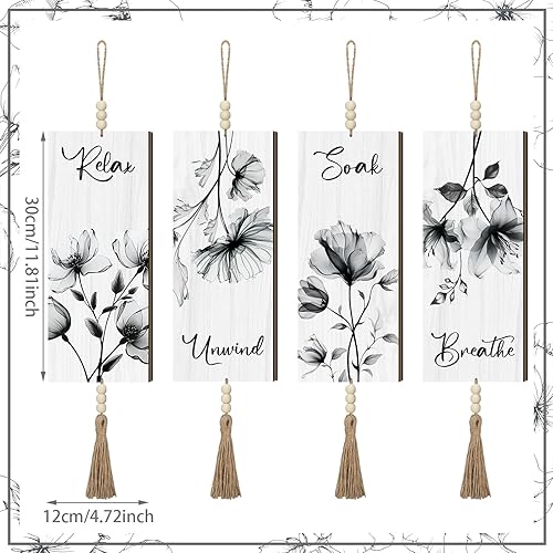 Miniatura 4 de Qunclay Decoración de pared bohemia de 4 piezas para baño, Relax Soak Unwind Breathe - Letrero de baño con cuentas y hojas impresas, arte de pared