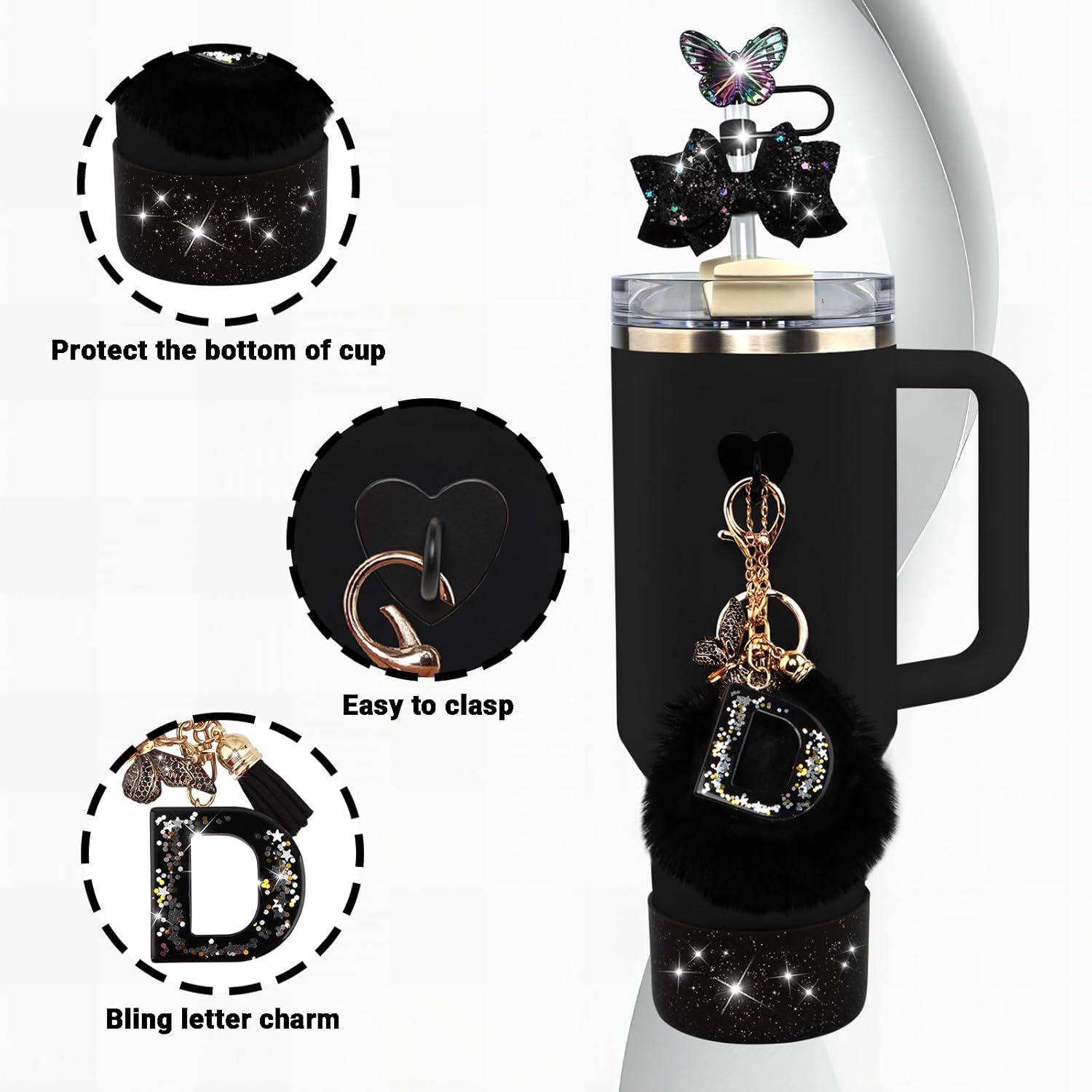 9 pezzi compatibili con accessori Stanley Cup, coperture per paglia con lettere iniziali a farfalla e accessori per ciondoli a forma di farfalla con catene per bicchieri con manico da 20 30