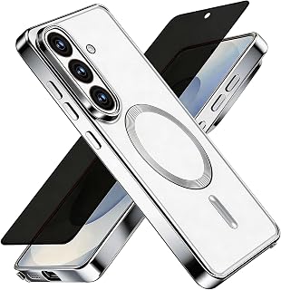 Misscase for Samsung Galaxy S26 Case with Privacy Screen Protector,[Camera Lens Protector] Clear Magnetic Luxury Plating Case Compatible with MagSafe Elegant Anti-Scratch Case Cover Silver