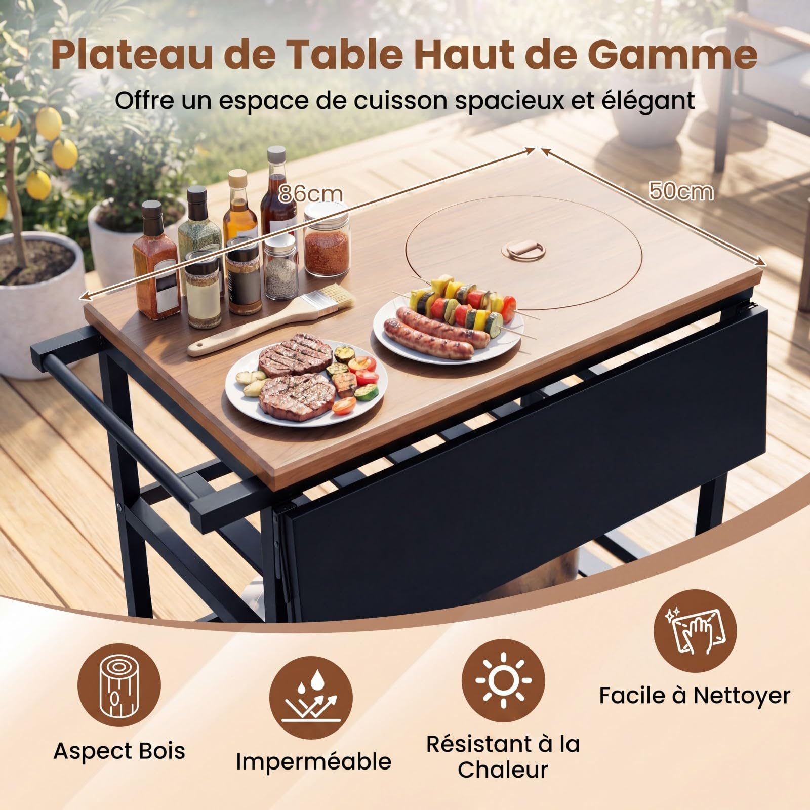 KOMFOTTEU Carrello Barbecue con Forno, Carrello Picnic a 3 Livelli, Piano Laterale Pieghevole, Griglie e Teglie, Carrellino con Ruote per Cucina in Terrazzo e Giardino, 94,5 x 75 x 78,5 cm