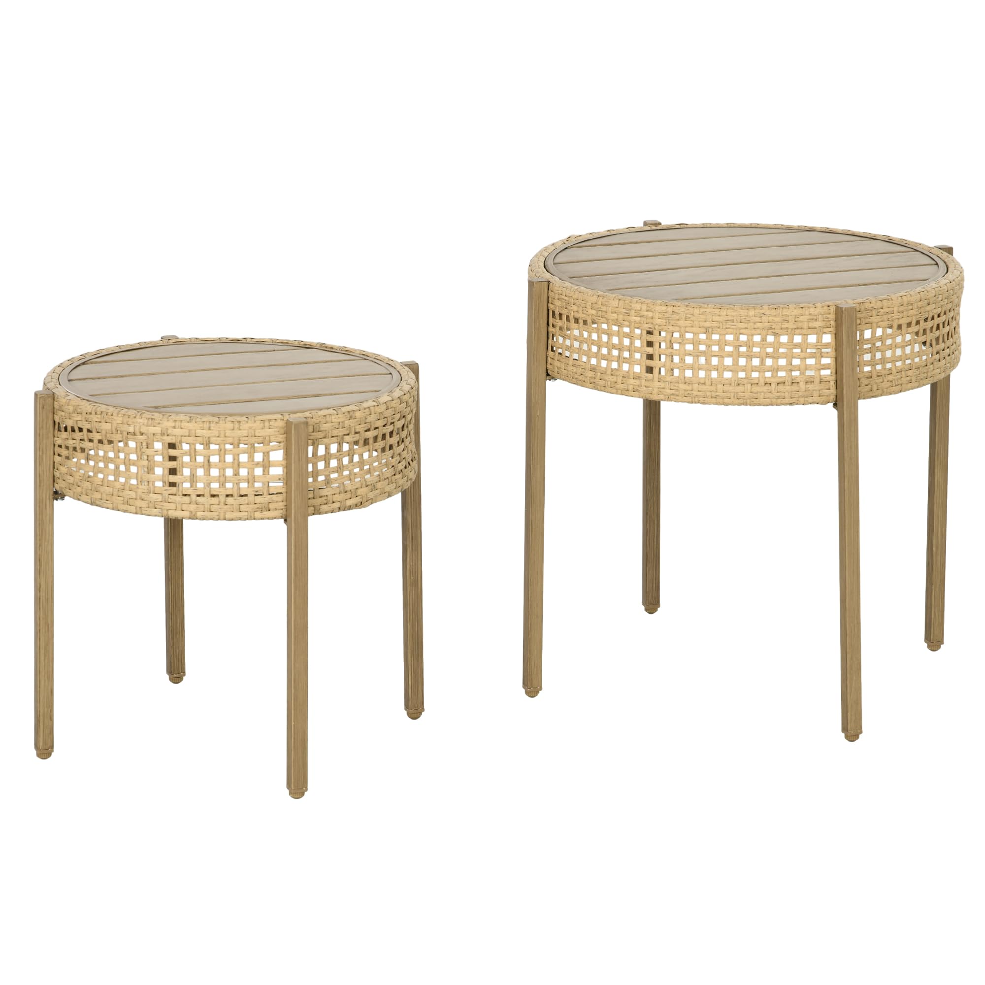 GOWE 2 Piece Wicker Patio Table Set, PE Rattan End Table Set, Outdoor Round Coffee Table Set, Multi-Functional, Slatted Metal Top, Brown