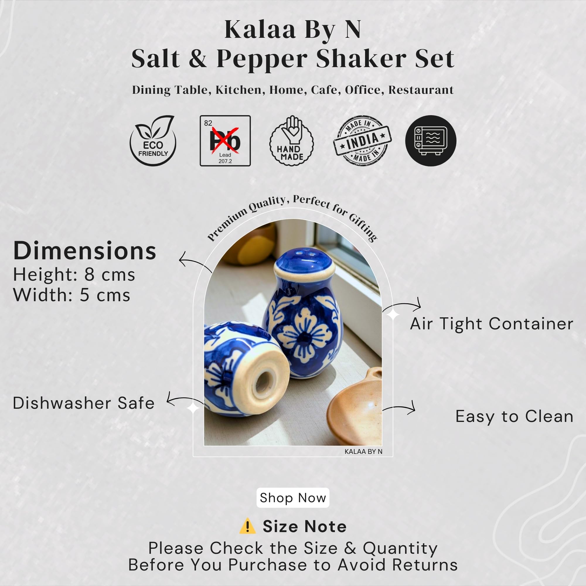 Kalaa By N Salt Pepper Set for Dining Table Kitchen - Ceramic Salt and Pepper Shakers Dispenser Container Sprinkler 60ML - Home Cafe Office Restaurant - Dishwasher Safe (Blue and White) - Image 3 thumbnail